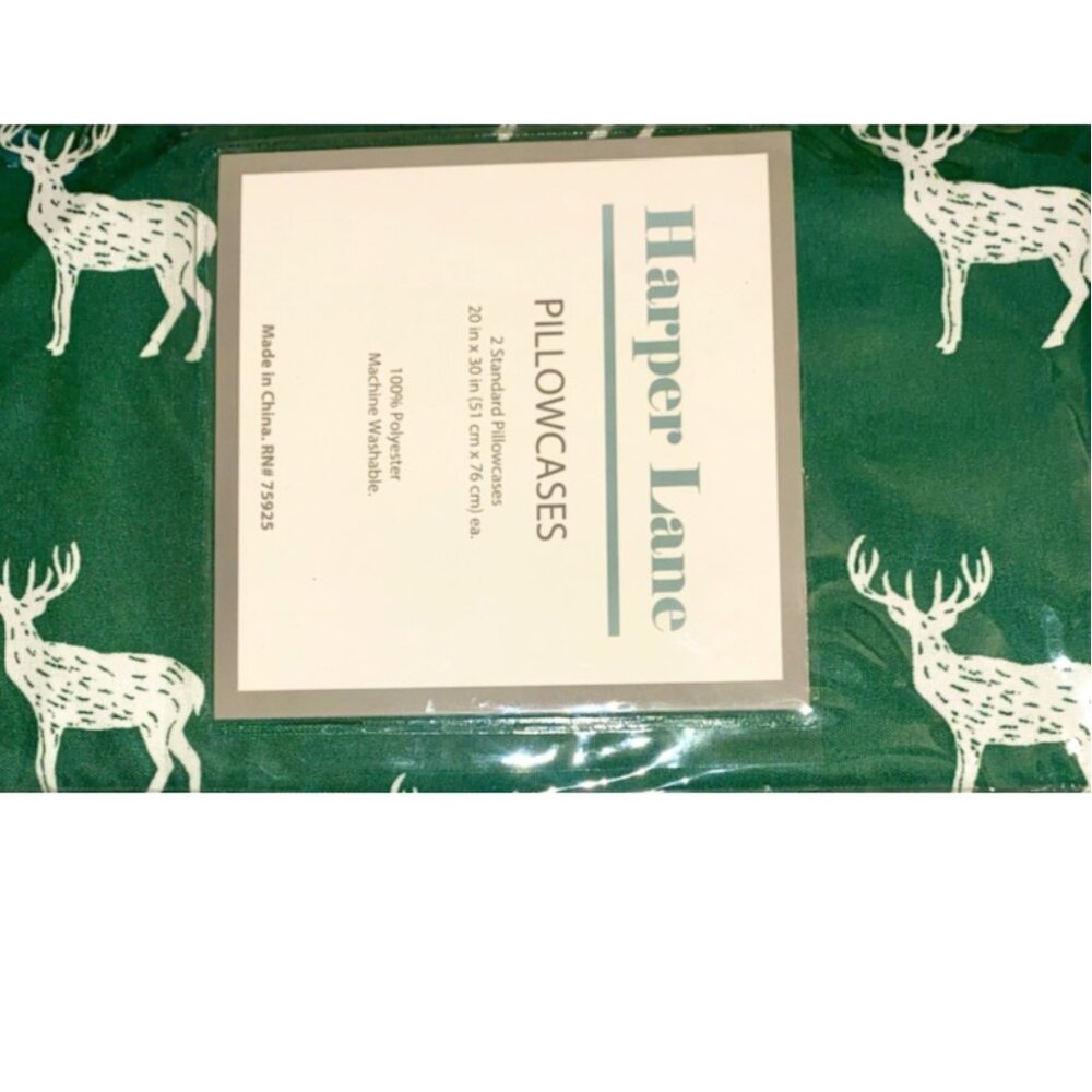 Harper Lane Set of 2 Pillowcases Christmas Deer Green White Holiday